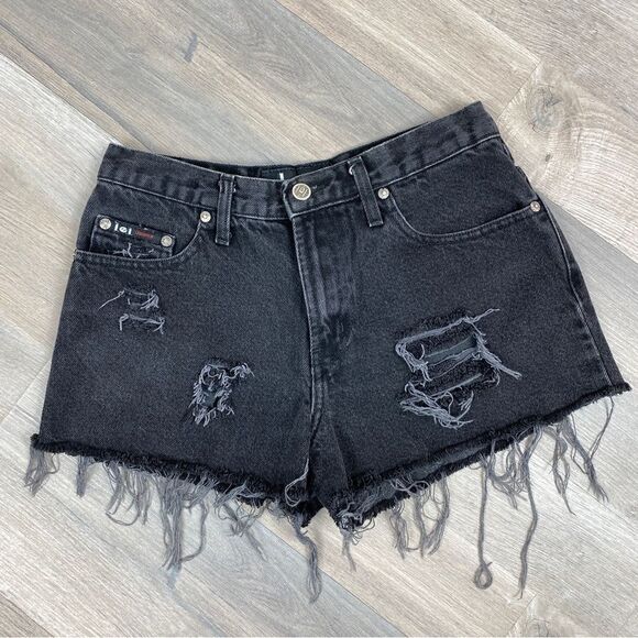 L.E.I. Distressed Y2K High Rise Jean Shorts Black 9 Juniors Raw Hem - Picture 1 of 8